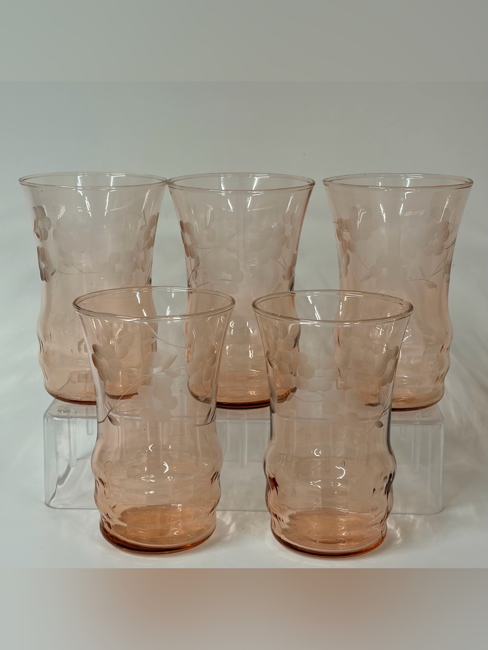 Vintage Pink Juice Glasses Lot of 5 Grandma Glass Cups Etched Floral Flowers Lot